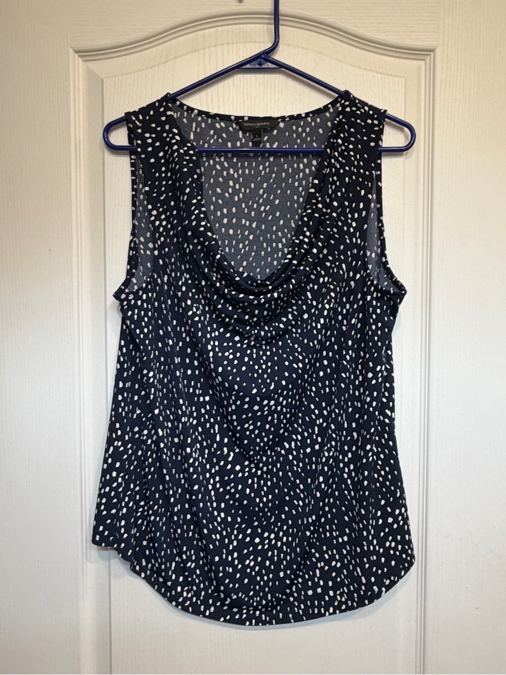 Banana Republic Navy and White Dotted Cowl Neck Sleeveless Top